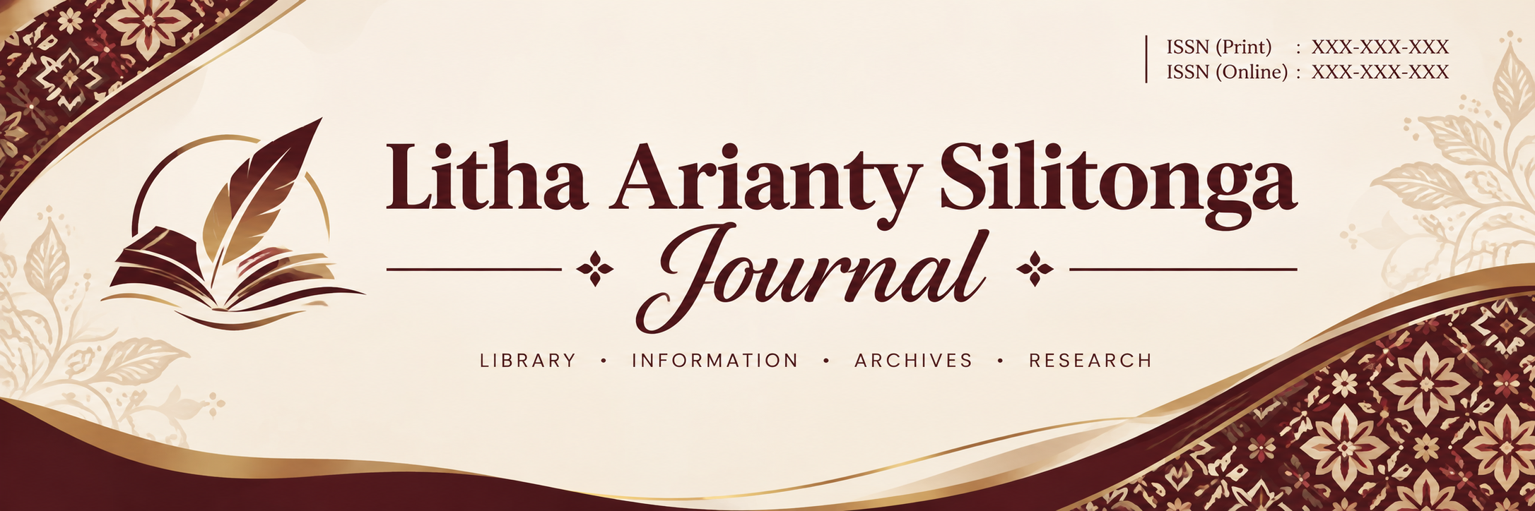 Header Litha Arianty Silitonga Journal dengan desain elegan bernuansa batik Indonesia, memuat ISSN Print dan ISSN Online serta tema perpustakaan, informasi, kearsipan, dan penelitian